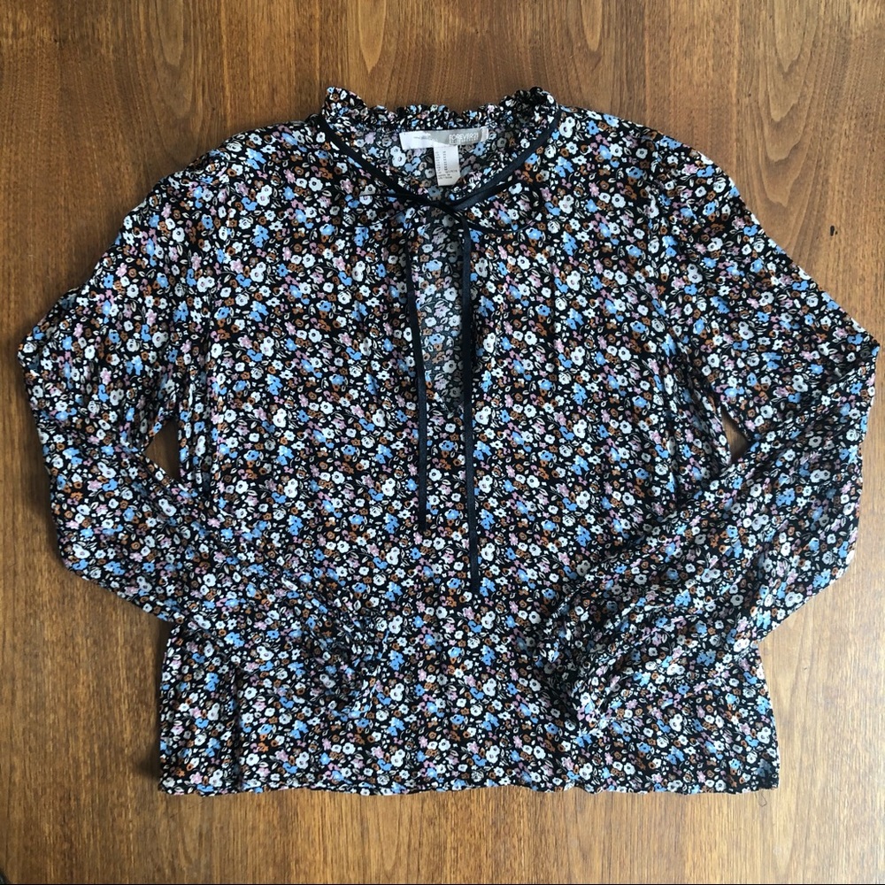 Floral Forever 21 Blouse with Ruffled Tie Neckline